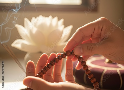 Hands holding wooden prayer beads with incense smoke and a white lotus flower in the background symbolizing peace and meditation