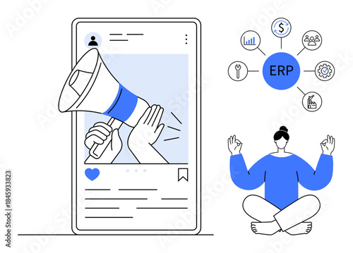 Digital marketing, mindfulness practices, ERP systems, workflow optimization, business strategies, social media ads. A megaphone in a social media post and a person meditating. Digital marketing