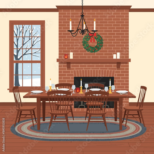 Cozy Christmas Dining Room Interior with Fireplace and Decor for Holiday Celebrations
