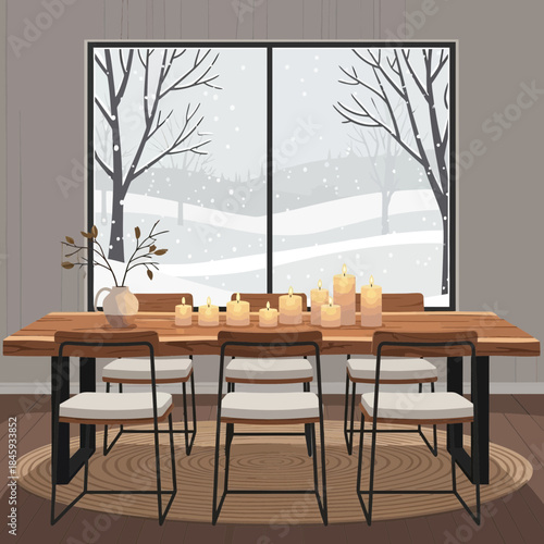 Cozy dining area with a view of snow-covered trees and a winter landscape through large window