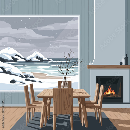 Cozy dining room with a large window view of snowy landscape and a modern fireplace creating a