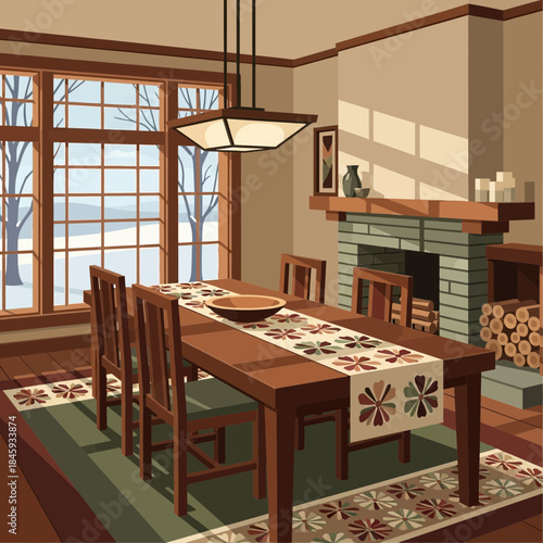 Cozy dining room with large window, decorative table runner and fireplace creating warm ambiance