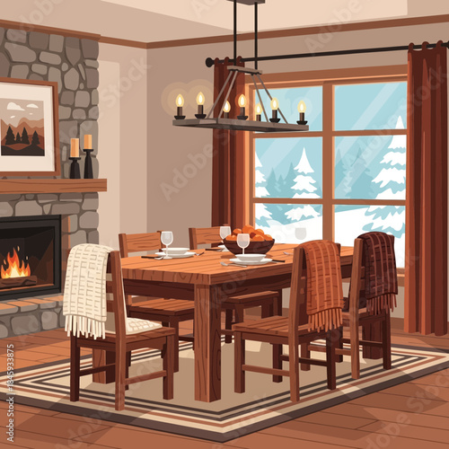 Cozy dining room with a wooden table set for four, overlooking a snowy winter landscape through