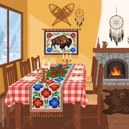Cozy dining room with embroidered bear picture a wooden table and warm fireplace