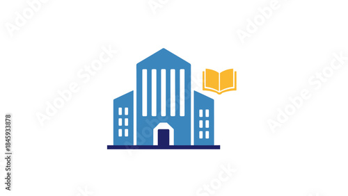 Blue Building with Open Book Icon.