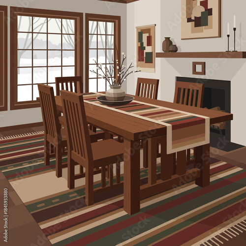 Cozy dining room with wooden table and chairs near large window showcasing natural light and warm