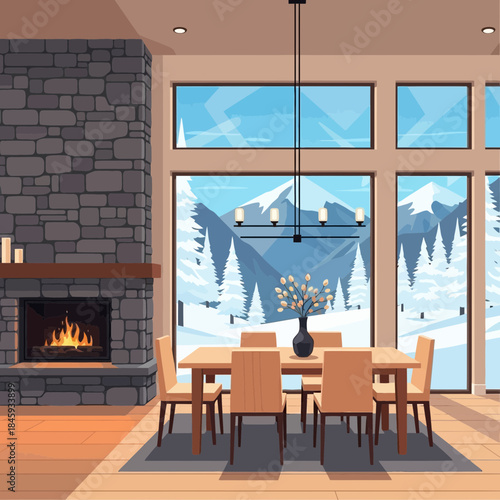 Cozy dining room with large windows showcasing a snowy winter landscape and a lit fireplace for