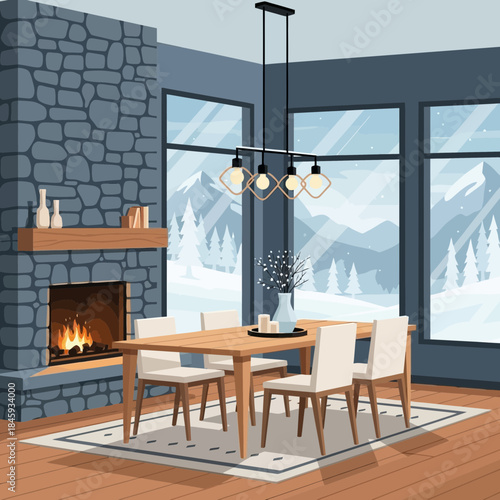 Cozy modern dining room with large windows overlooking a snowy mountain landscape and a stone