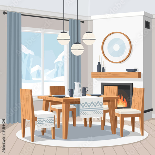 Cozy modern living room with fireplace and scenic mountain view through large window