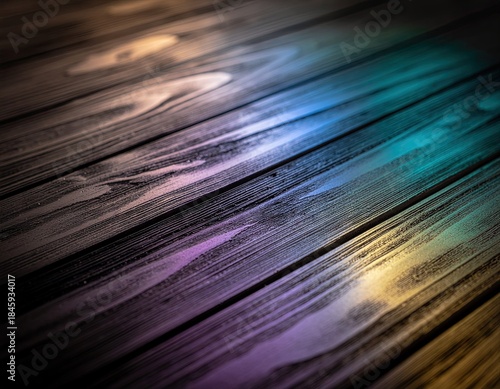 Diagonal Wood Grain Texture With Vibrant Purple Blue Yellow Light Overlay And Subtle Digital Glitch Effect