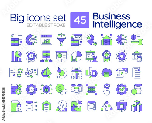 Business intelligence line color icons set. Statistical diagram, data organization. Cyber security. Corporate planning. Vector illustrations. Simple flat colorful symbols collection. Editable stroke