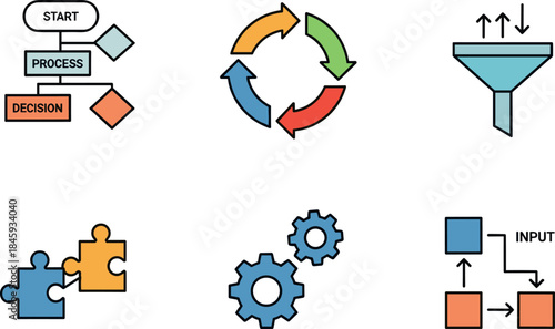 Six workflow and business process icons on white background