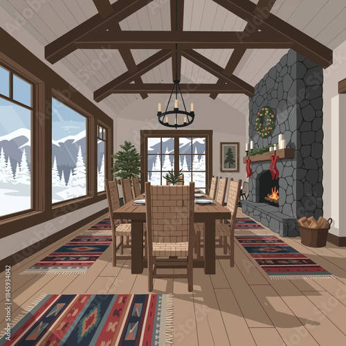 Cozy rustic cabin dining room with large windows overlooking snowy landscape with stone fireplace