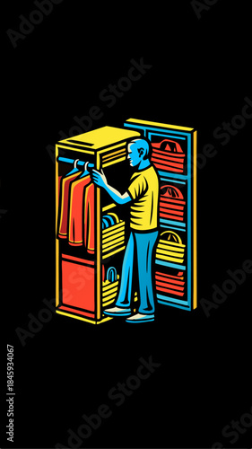 Hand drawn a person organizing a closet colorful image. Vintage style. Vector illustration.