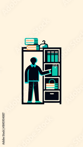 A person organizing a closet minimalistic image. Flat style. Vector illustration.