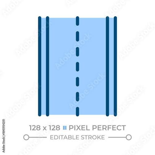 Road pixel perfect line color icon. Two lane roadway separated by dotted marking. Traffic infrastructure. Carriage way. Isolated vector illustration. Flat colorful symbol design. Editable stroke