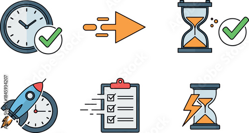 Six flat vector icons representing efficiency and time on white background