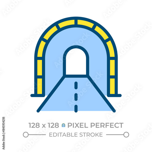 Tunnel pixel perfect line color icon. Underpass for vehicles on roadway. Traffic organization. Road infrastructure. Isolated vector illustration. Flat colorful symbol design. Editable stroke