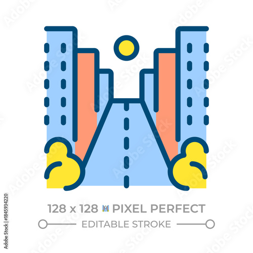 Street pixel perfect line color icon. City district with multistory buildings and driveway. Road infrastructure. Isolated vector illustration. Flat colorful symbol design. Editable stroke