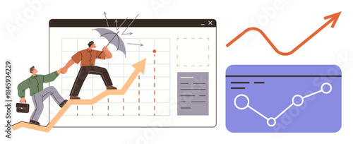 People climbing arrow symbolizing growth, protecting progress with umbrella. Graphs highlight data analysis. Ideal for success, teamwork, leadership, strategy, resilience, business growth simple
