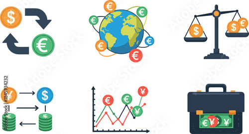 Set of six finance and currency exchange icons on white background