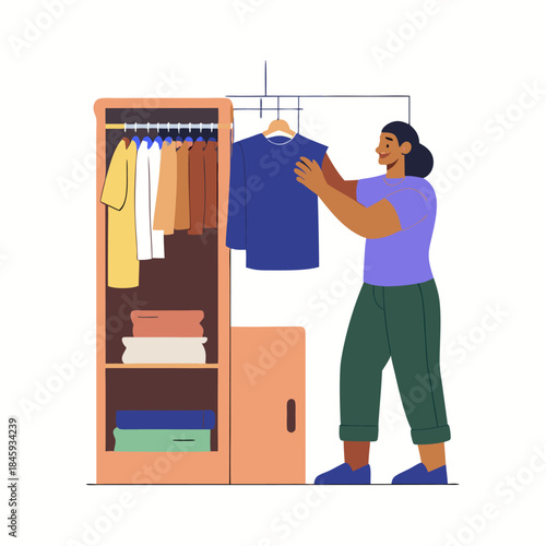 A person organizing a closet image. Flat image isolated on white background. Vector illustration.