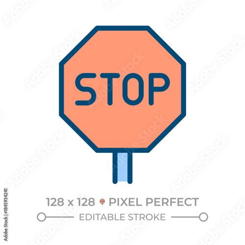 Stop sign pixel perfect line color icon. Traffic safety regulation. Awareness for drivers. Road infrastructure. Isolated vector illustration. Flat colorful symbol design. Editable stroke