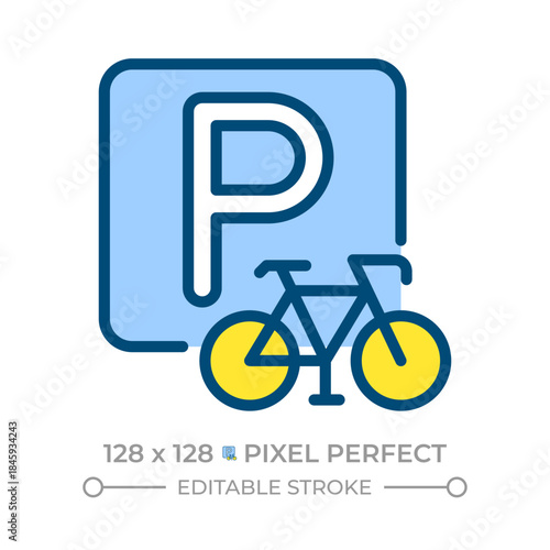 Bike parking pixel perfect line color icon. Secure place for cyclists to leave bicycles. Road infrastructure benefit. Isolated vector illustration. Flat colorful symbol design. Editable stroke