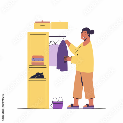 A person organizing a closet image. Flat image isolated on white background. Vector illustration.