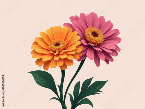 Vibrant orange and pink flowers with green leaves