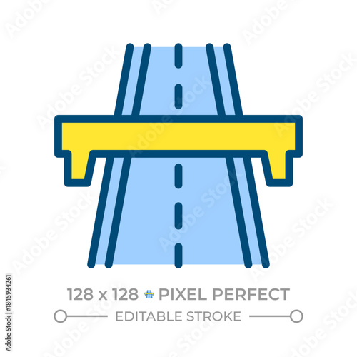 Highway pixel perfect line color icon. Modern expressway for vehicles. Road infrastructure development. Motorway sign. Isolated vector illustration. Flat colorful symbol design. Editable stroke