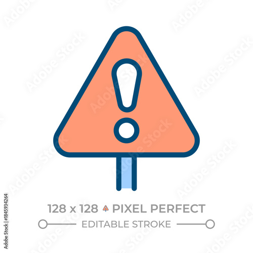 Warning sign pixel perfect line color icon. Indicator signaling potential hazards. Road infrastructure. Traffic safety. Isolated vector illustration. Flat colorful symbol design. Editable stroke