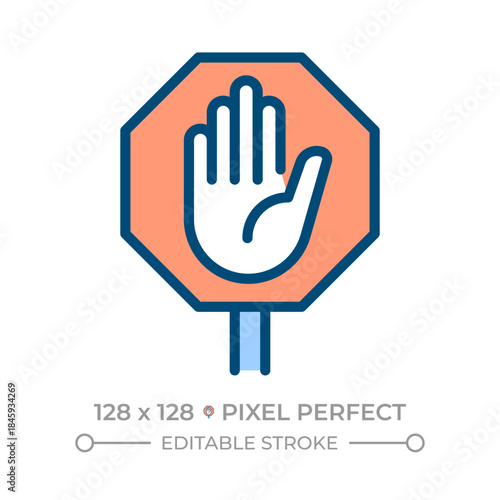 Stop hand sign pixel perfect line color icon. Traffic safety warning. Message for drivers. Road infrastructure. Isolated vector illustration. Flat colorful symbol design. Editable stroke