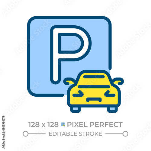 Parking for cars pixel perfect line color icon. Place to leave vehicle safely. Driver service. Road infrastructure. Isolated vector illustration. Flat colorful symbol design. Editable stroke