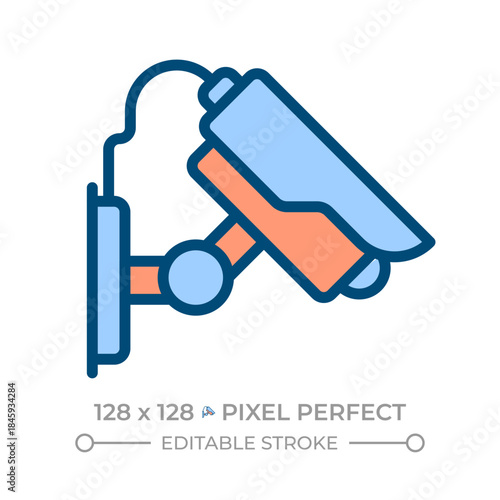 Traffic monitoring camera pixel perfect line color icon. CCTV equipment on city streets. Digital security system. Isolated vector illustration. Flat colorful symbol design. Editable stroke