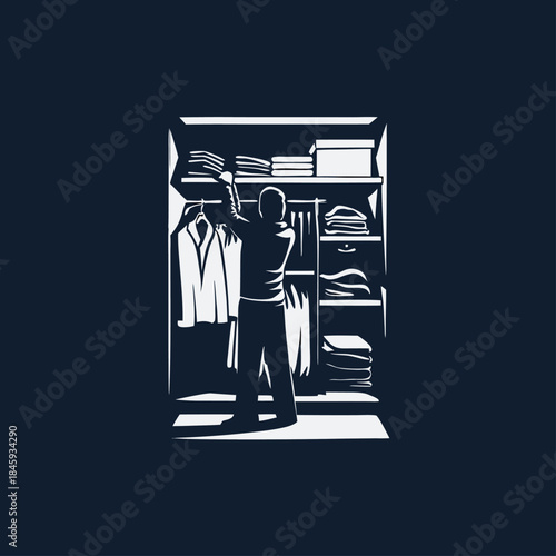 A person organizing a closet engraved vintage image. Vector illustration.