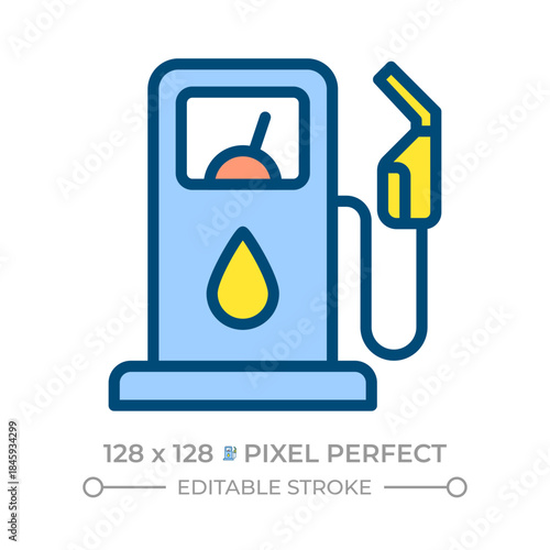 Fuel dispenser pixel perfect line color icon. Gas station pump. Modern refueling equipment. Road infrastructure. Isolated vector illustration. Flat colorful symbol design. Editable stroke
