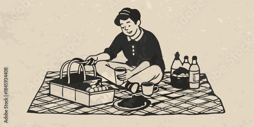 A person preparing a picnic monochrome vintage image. Flat vector illustration.