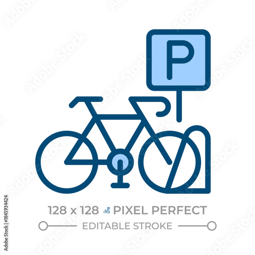 Bike parking place pixel perfect line color icon. Bicycle on stand under special sign. Road infrastructure parts. Isolated vector illustration. Flat colorful symbol design. Editable stroke