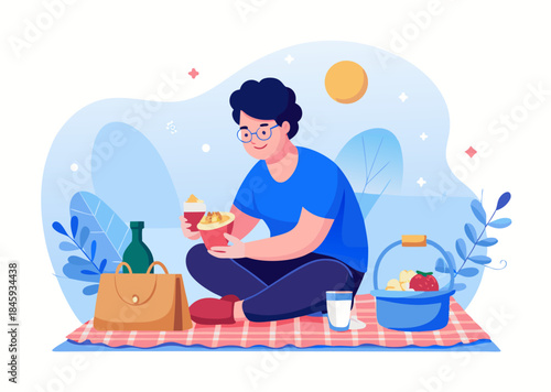 A person preparing a picnic image. Cartoon style. Vector illustration.