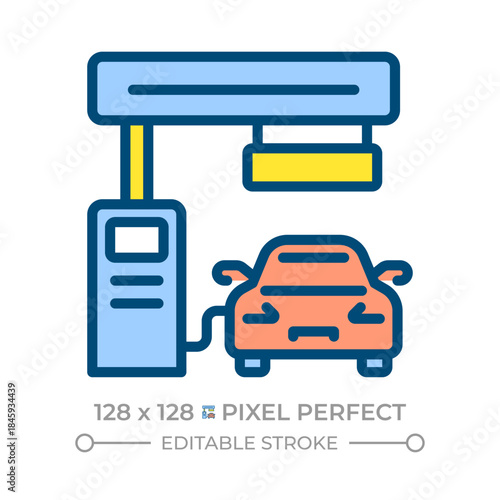 Gas station pixel perfect line color icon. Car refueling at petrol pump. Vehicle service. Road infrastructure. Isolated vector illustration. Flat colorful symbol design. Editable stroke