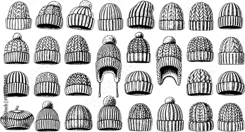 Hand-drawn seamless pattern of various knitted winter hats and beanies in black and white sketch style for fashion and textile designs