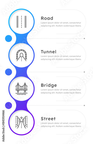 Road infrastructure infographic 4 steps. Roadway, tunnel, bridge and city street. Traffic organization engineering. Editable thin line icons diagram process. Lexend Montserrat font used