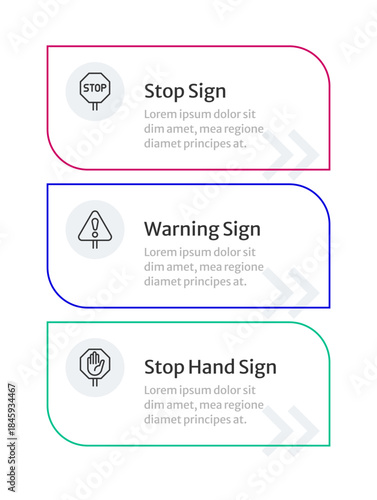 Warning traffic signs rounded rectangle infographic 3 steps. Symbols giving information to drivers. Road infrastructure. Editable thin line icons diagram process. Lexend Montserrat font used