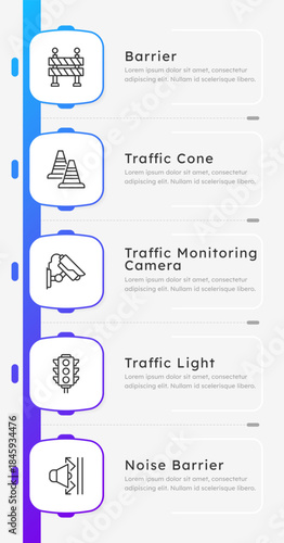 Road safety equipment square blue gradient infographic 5 steps. Traffic monitoring. Vehicles redirection markers. Noise barrier. Editable thin line icons diagram process. Lexend Montserrat font used