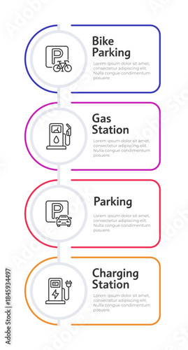 Parking sites and charging stations rounded vertical infographic 4 steps. Vehicle services on way. Road infrastructure. Editable thin line icons diagram process. Lexend Montserrat font used