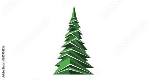 A stylized geometric Christmas tree with sharp, triangular layers, illustrated in a modern, minimalist 3D vector design.
