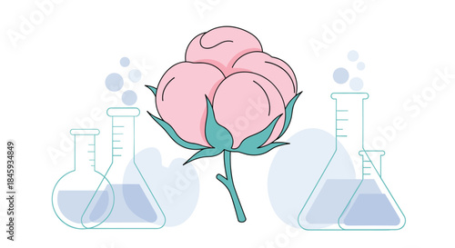 A conceptual illustration of a pink cotton flower with laboratory flasks, symbolizing textile science or organic chemistry.