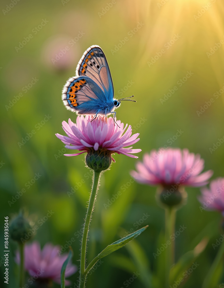 Naklejka premium Blue butterfly rests on pink wildflower, bathed in warm sun rays. Green meadow with lush flora under soft golden light. Delicate insect on bloom in natural setting, peaceful summer scene.