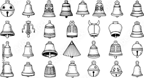 Vintage hand-drawn sketch collection of various bells in black and white, including antique, temple, cow, Christmas, and traditional bell designs.